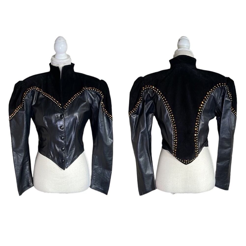Vintage Love, Melody Sabatasso Black Puff Sleeve Leather Rhinestone Jacket M IN6